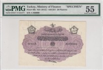Turkey, Ottoman Empire, 20 Piastres, 1912, AUNC, p80s, SPECIMEN
PMG 55
Serial Number: A 000000
Estimate: 400-800 USD