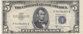 United States of America, 5 Dollars, 1953, XF, p417b 
Abraham Linkoln portrait
Serial Number: F 74784891 A
Estimate: 20-40 USD
