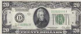 United States of America, 20 Dollars, 1928, VF (+), p422b 
Serial Number: D12322800A
Estimate: 30-60 USD