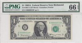 United States of America, 1 Dollar , 1963, UNC, p443b 
PMG 66 EPQ Federal Reserve Note Richmond
Serial Number: E 00000010 F
Estimate: 500-1000 USD