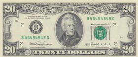 United States of America, 20 Dollars, 1990, UNC, p487 
Beatuful serial number.
Serial Number: B 45454545 C
Estimate: 50-100 USD