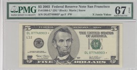 United States of America, 5 Dollars, 2003, UNC, p517 
PMG 67 EPQ, Federal Reserve Note San Francisco
Serial Number: DL 07748903*
Estimate: 30-60 US...