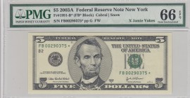 United States of America, 5 Dollars, 2003, UNC, p517 
PMG 66 EPQ, Federal Reserve Note New York
Serial Number: FB 00290375*
Estimate: 30-60 USD