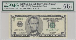 United States of America, 5 Dollars, 2003, UNC, p517 
PMG 66 EPQ, Federal Reserve Note Chicago
Serial Number: FG 00382815*
Estimate: 30-60 USD