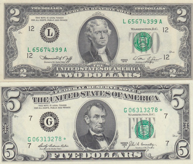 United States of America, 2-5 Dollars, UNC, (Total 2 banknotes)
2 Dollars, 1976...