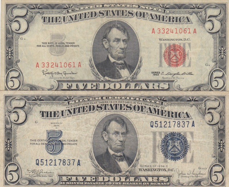 United States of America, 5 Dollars, VF, (Total 2 banknotes)
5 Dollars, 1934, p...