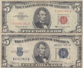 United States of America, 5 Dollars, VF, (Total 2 banknotes)
5 Dollars, 1934, p414Ac, Blue seal; 5 Dollars, 1963, p383, Red seal
Serial Number: Q512...