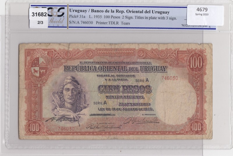 Uruguay, 100 Pesos, 1935, FINE, p13a 
Serial Number: 746030
Estimate: 40-80 US...