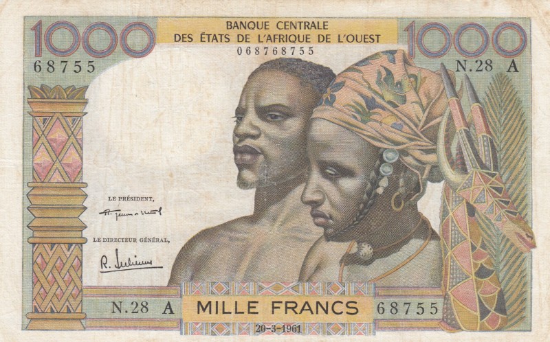 West African States, 1.000 Francs, 1961, VF, p103Ab 
There are stain.
Serial N...