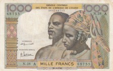 West African States, 1.000 Francs, 1961, VF, p103Ab 
There are stain.
Serial Number: N.28 A 68755
Estimate: 20-40 USD