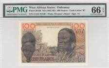 West African States, 100 Francs, 1961-65, UNC, p201Bf 
Dahomey, PMG 66 EPQ
Serial Number: O.244 91340
Estimate: 100-200 USD