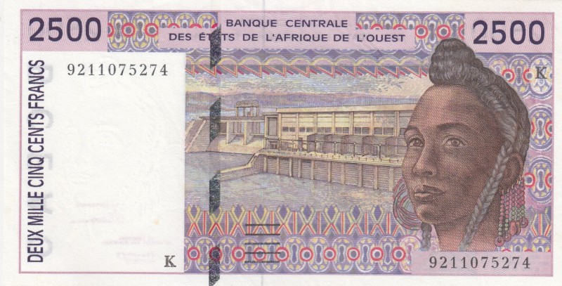 West African States, 2.500 Francs, 1992, XF, p712Ka 
Serial Number: 9211075274...