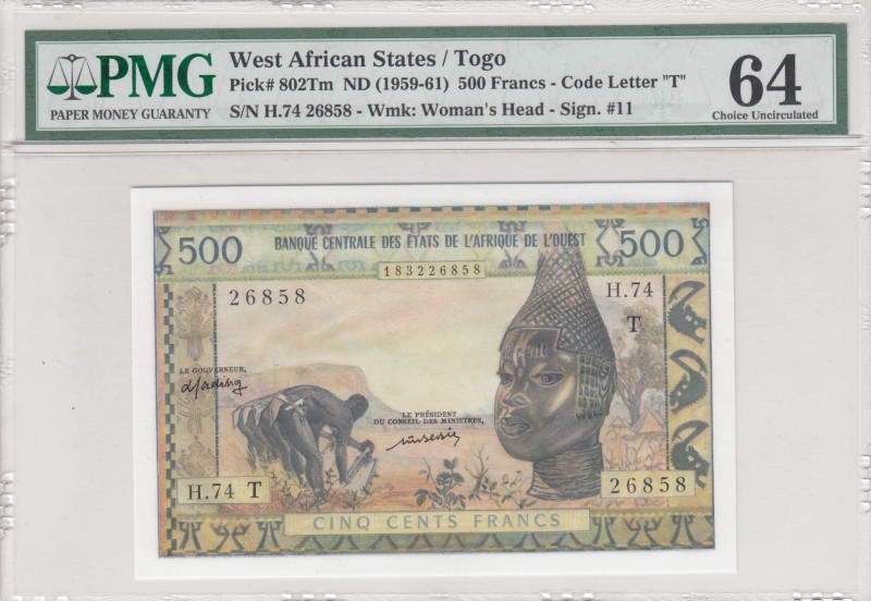West African States, 500 Francs, 1959-61, UNC, p802Tm 
Togo, PMG 64
Serial Num...