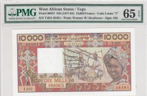 West African States, 10.000 Francs, 1977-92, UNC, p809T1 
Togo, PMG 65 EPQ
Serial Number: T.053 48481
Estimate: 200-400 USD