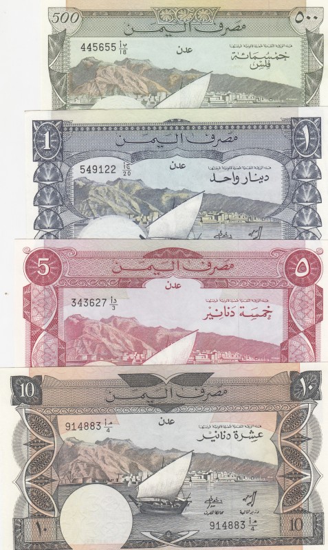 Yemen Democratic Republic, 1984, UNC, (Total 4 banknotes)
500 Fils, p6; 1 Dinar...