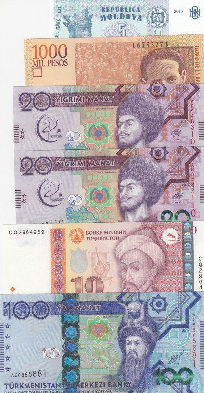 Mix Lot, 0, UNC, (Total 6 banknotes)
Tajikistan 10 Somoni, 1999; Turkmenistan 1...