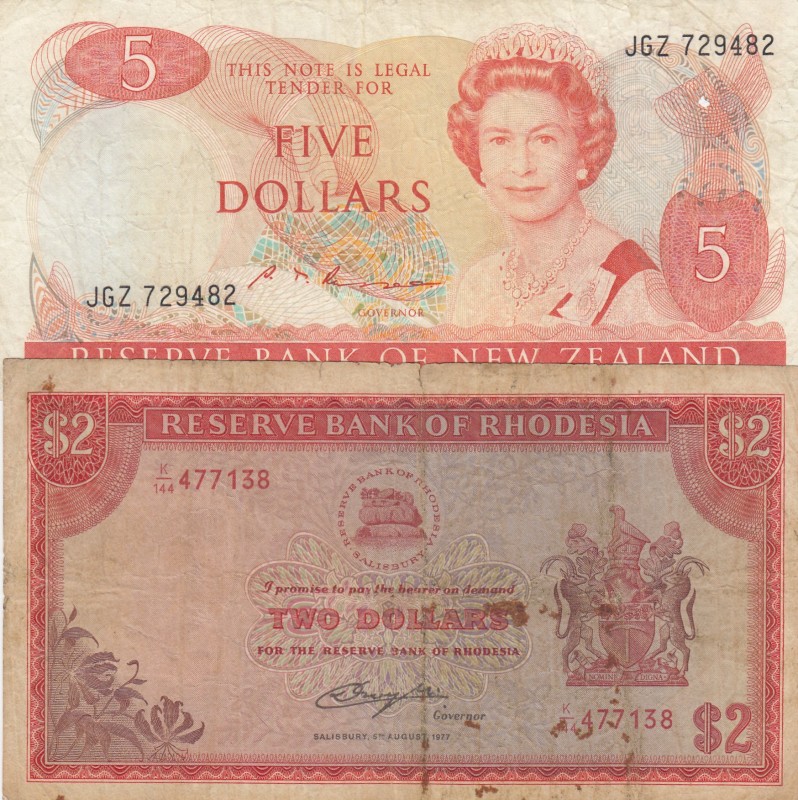 Mix Lot, (Total 2 banknotes)
New Zealand 5 Dollars, 1985/89, p171b, VF; Rhodesi...
