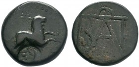 KINGS OF BOSPOROS. Polemo I (Circa 37-8 BC). AE. Pantikapaion.Obv: Lion springing right; star above.Rev: Monogram of Polemo.MacDonald 230; HGC 7, 348....