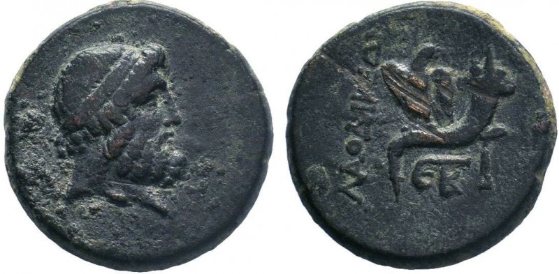 Phrygia. Laodikeia ad Lycum 133-67 BC. AE Bronze.Head of Zeus right / Eagle stan...