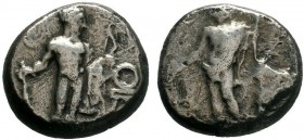 CILICIA, Issos. Circa 390-385 BC. AR Stater . Apollo standing half-left, holding phiale and placing hand on olive tree to right / Herakles standing fa...