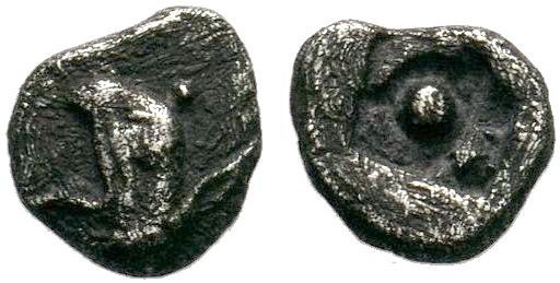 Ionia. Phokaia 530-500 BC. AR Obol . Head of griffin left / Large dot in the mid...