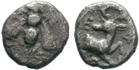 Greek Ionia. Ephesos circa 390-380 BC. AR Obol . Bee, E-Φ flanking / Forepart of stag right, E-Φ flanking, all within incuse circle. nearly very fine ...