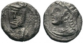 CILICIA, Uncertain. Circa 4th century BC. AR Obol . Three-quarter facing head of Herakles, head turned slightly right, wearing lion's skin / Head of A...