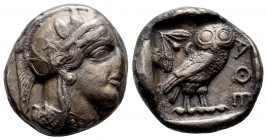 Attica, Attica, Athens AR Tetradrachm. Circa 353-294 BC. AR Helmeted head of Athena r., with profile eye / Owl standing r., head facing; olive sprig a...