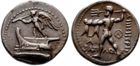 KINGS of MACEDON. Demetrios I Poliorketes. 306-283 BC. AR Drachm. Tarsos mint. Struck circa 298-295 BC. Nike alighting atop prow of galley left, blowi...