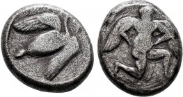 Mallos , Cilicia. AR Stater, circa 390-385 BC.
Obv. Winged male figure advancing right, holding solar disk with both hands.
Rev. MA, Swan standing rig...
