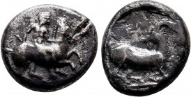 Kelenderis , Cilicia. AR Stater, c. 350-330 BC.
Obv. Nude youth, holding whip in right hand, dismounting from horse rearing right.
Rev. Goat kneeling ...