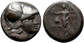 Pamphylia, Side AR Drachm. Circa 205-100 BC. Head of Athena right, wearing crested Corinthian helmet / Nike advancing left, holding wreath; pomegranat...