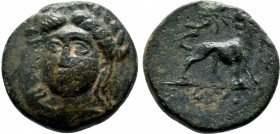 IONIA. Miletos. Ae (Circa 260-220 BC). Basileides, magistrate.
Obv: Laureate and draped bust of Apollo facing slightly left.
Rev: BAΣIΛEIΔHΣ.
Lion sta...