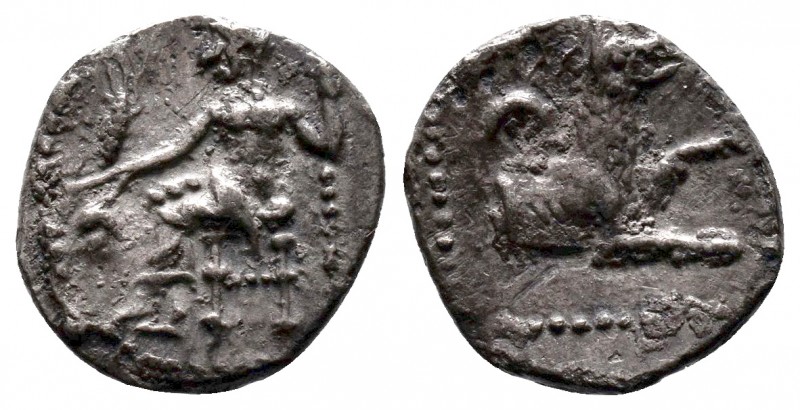 Cilicia, uncertain mint AR Obol. 4th century BC. Baaltars seated left, holding g...