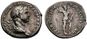 TRAJAN (98-117). Denarius. Rome.
Obv: IMP CAES NER TRAIAN OPTIM AVG GERM DAC.
Laureate, draped and cuirassed bust right, seen from behind.
Rev: PARTHI...