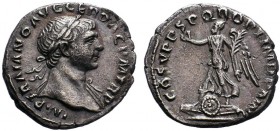 Trajan. A.D. 98-117. AR denarius. Rome mint, struck A.D. 107-108. IMP TRAIANO AVG GER DAC P M TR P, laureate head right, draped left shoulder / COS V ...
