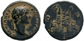 Hadrian Æ Quadrans. Rome, AD 125-128. HADRIANVS AVGVSTVS PP. Laureate, draped and cuirassed bust right / COS III - SC Aquila between two standards. RI...