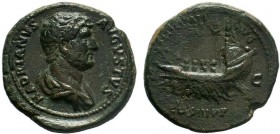 HADRIAN. 117-138 AD. Æ. Struck 132-134 AD. HADRIANVS AVGVSTVS, bare-headed, draped and cuirassed bust right / FELICITATI AVG COS III PP SC, galley pro...