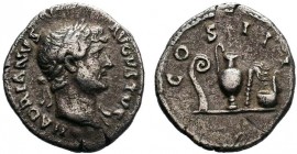 Hadrian (117-138), Rome, AD 125-128, Denarius, AR. HADRIANVS - AVGVSTVS, laureate bust r., Rv. Rv. COS III, lituus, jug, aspergillum and simpulum. RIC...