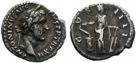 Antoninus Pius AD 138-161. Rome. Denarius AR
ANTONINVS AVG PIVS P P TR P XII, laureate head of Antoninus Pius to right / COS IIII, Salus standing left...