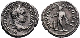 GETA (209-211). Denarius. Rome.Obv: P SEPTIMIVS GETA CAES.Bare head right.Rev: PONTIF COS II.Genius standing left, sacrificing from patera over lighte...