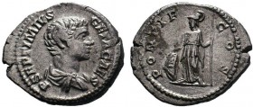 GETA. As Caesar, A.D. 198-209. AR denarius . Rome, under Septimius Severus and Caracalla, A.D. 200-205. P SEPTIMIVS GETA CAES, bare-headed and draped ...