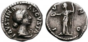 Faustina Junior AR Denarius. Rome, AD 179. FAVSTINA AVGVSTA, draped bust right / IVNO, Juno veiled, standing left, holding patera and sceptre; at her ...