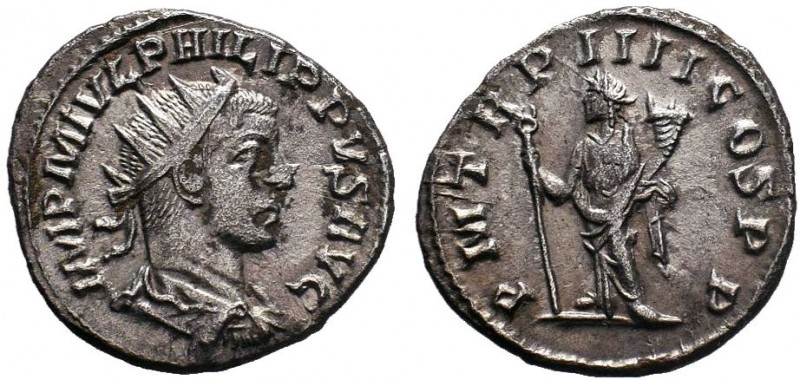 Philip II AR Antoninianus. Antioch, AD 249. IMP M IVL PHILIPPVS AVG, radiate, dr...