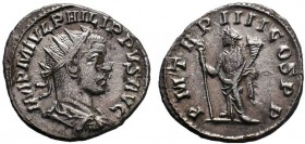Philip II AR Antoninianus. Antioch, AD 249. IMP M IVL PHILIPPVS AVG, radiate, draped and cuirassed bust right / P M TR P VI COS P P, Felicitas standin...