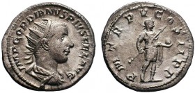 Gordian III AR. Antoninianus, Rome, AD 241-243. IMP GORDIANVS PIVS FEL AVG, radiate, draped and cuirassed bust of Gordian III to right / P M TR P V CO...