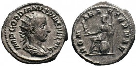 Gordian III AR Antoninianus. Rome, AD 240. IMP GORDIANVS PIVS FEL AVG, radiate and draped bust right / ROMAE AETERNAE, Roma seated left, with Victory ...