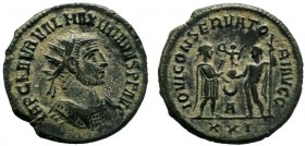 Maximian Æ Antoninianus. Antioch, AD 285-295. IMP C M AVR VAL MAXIMIANVS PF AVG, radiate, cuirassed bust right / IOV ET HERCV CONSER AVGG, Jupiter lef...