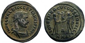 Diocletian Æ Silvered Antoninianus. Siscia, AD 293-295. IMP C C VAL DIOCLETIANVS P AVG, radiate and cuirassed bust right / CONCORDIA MILITVM, Diocleti...
