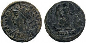 Constantine I Æ Nummus. Alexandria, AD 333-335. CONSTANTINOPOLIS, laureate and helmeted bust of Constantinopolis left, wearing imperial cloak and hold...